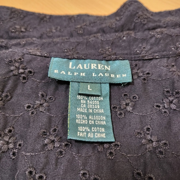 Ralph Lauren 100% Cotton Romantic Black Collared Floral Eyelet Wrap Top L - Picture 8 of 11